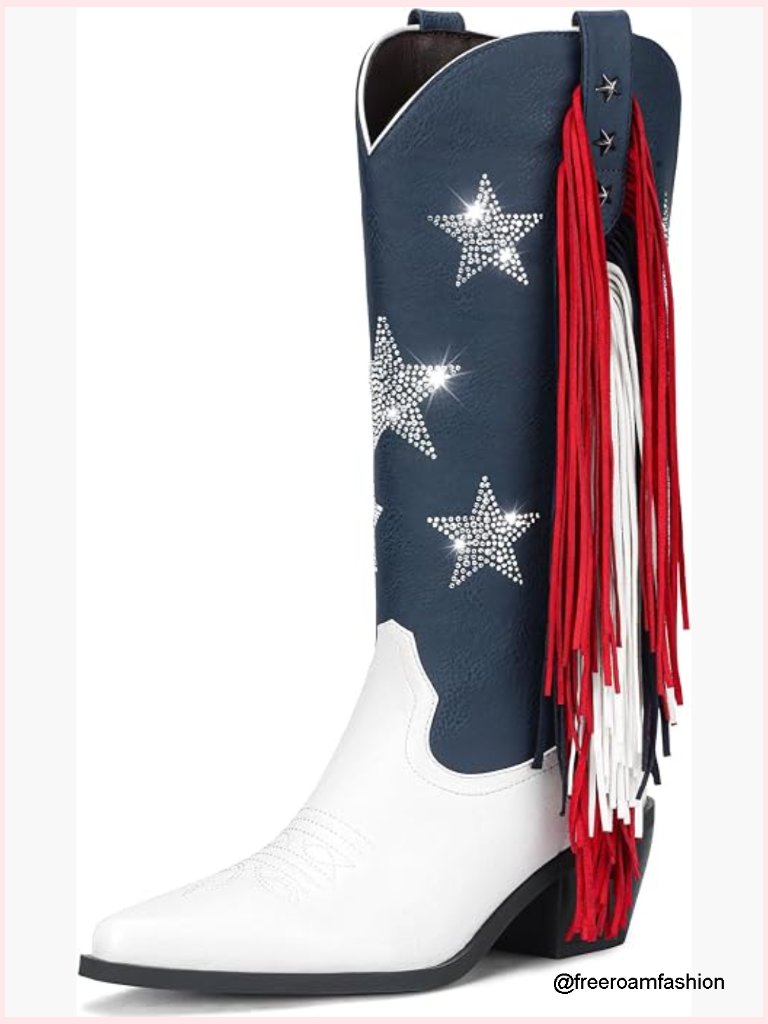 Mid-Calf Pointed Toe Chunky Heel Cowgirl Boots With Fringe